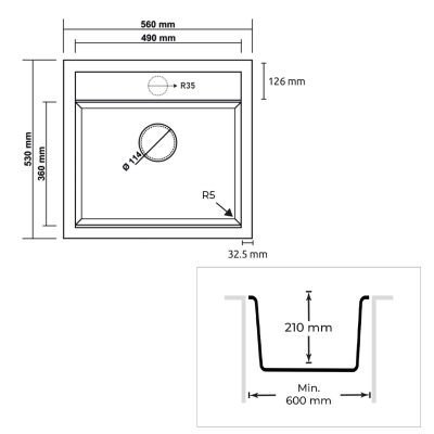 Real Stone K004 Olympos 56 Granite Kitchen Sink Black - 2