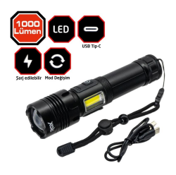 Rox Şarjlı Yan Lambalı Led Fener 1000 Lümen - ROXCAMPING