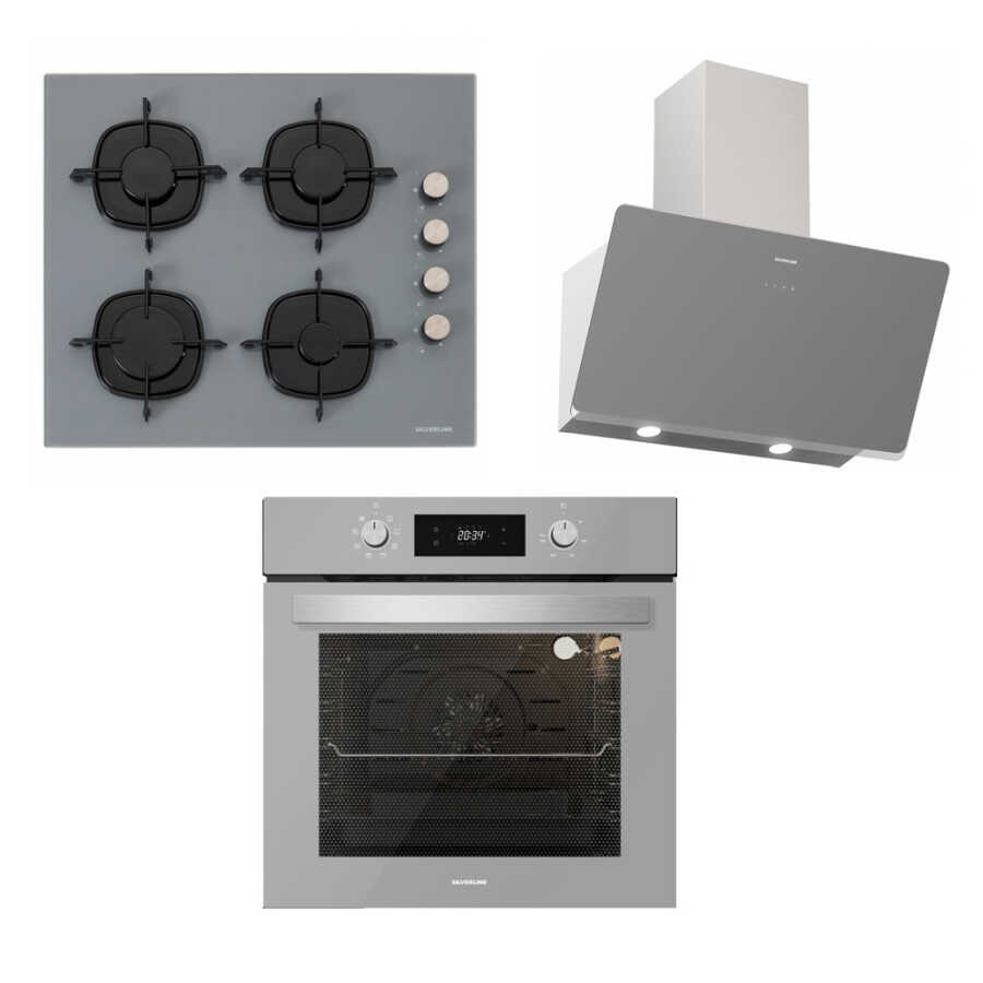 Silverline Gri Ankastre Set (BO6504S01 Fırın + CS5335S01 Ocak + Soho Gri 60 cm Davlumbaz)