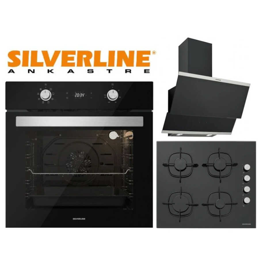 Silverline Siyah Ankastre Set (Classy Siyah Davlumbaz + CS5335B01 Ocak + B06504B01 Fırın)