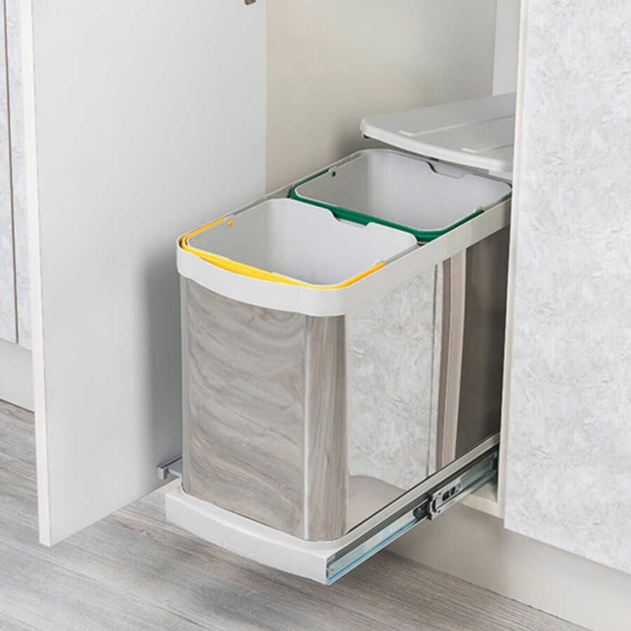Starax 2396 Paslanmaz Çöp Kova Teleskopik Gri 12+12Lt