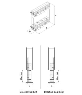 Starax 2414 Gizli Tandem Raylı Şişelik Çift Açılım Sol 15 cm - 2