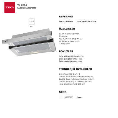 Teka TL 6210 Aspiratör 60 cm Beyaz - 2
